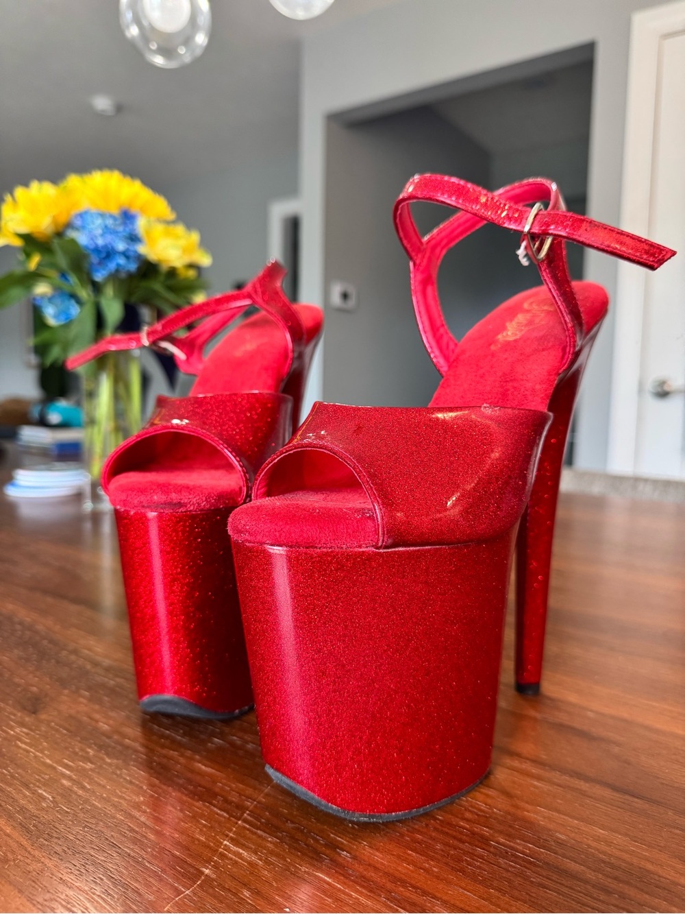Pleaser Red Glitter Platform Stiletto Sandals - Picture 3 of 5
